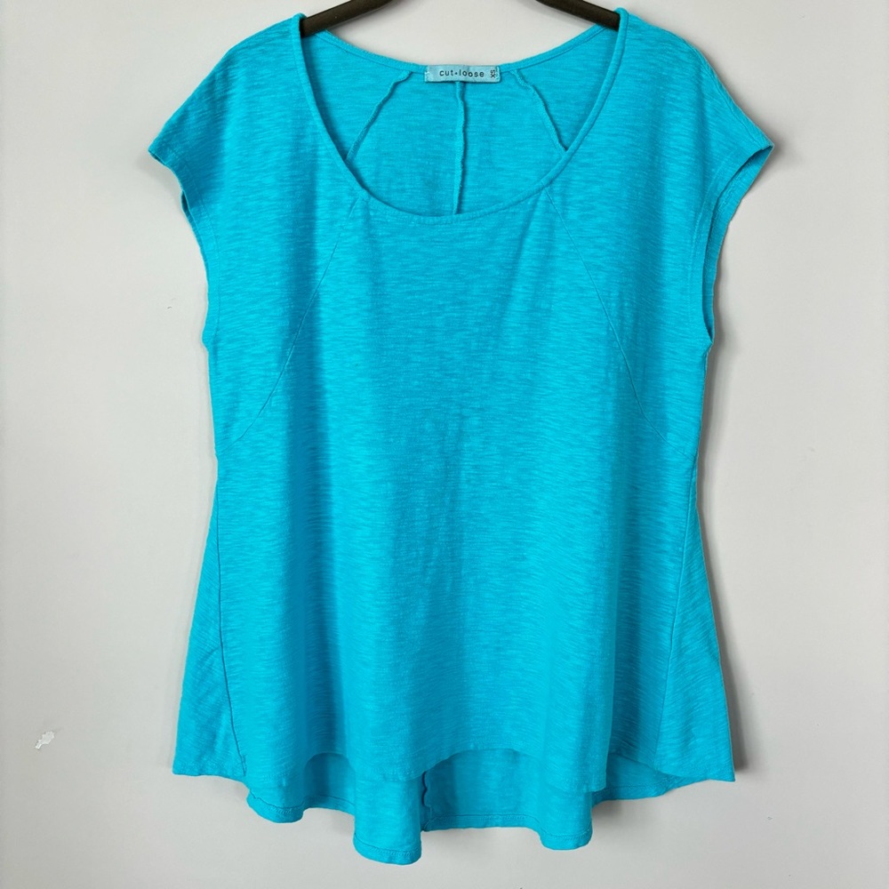 Cut Loose Women's Cotton Linen A line Cap Sleeve T Shirt Blue XS